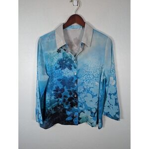 Soft Surroundings Shirt Womens PL Blue Silk Floral Button Front Collared Top